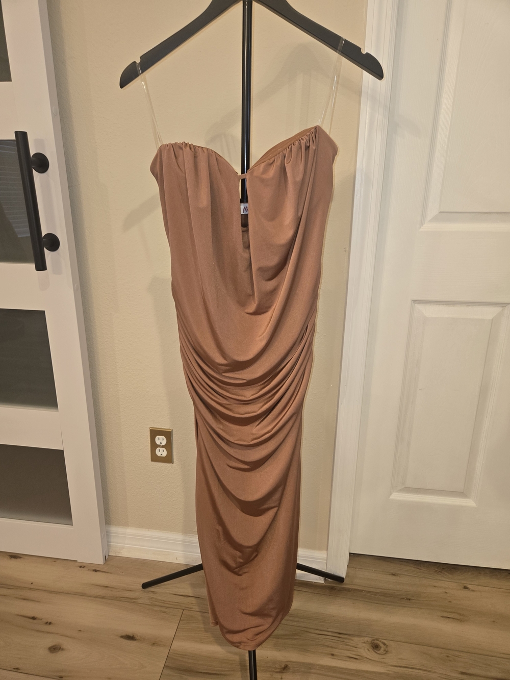 Strapless Draped Midi Dress in Rust Brown